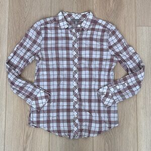 Rubbish 100% Cotton Button-Up Shirt, Burgundy Plaid Long Sleeve Top